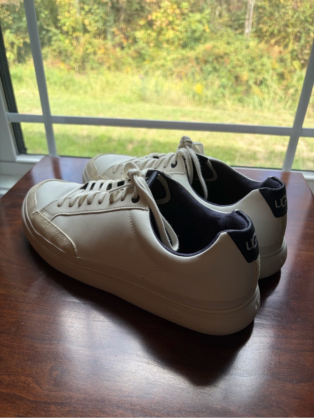 UGG Men's Cream Leather Sneakers with Black Heel Collar